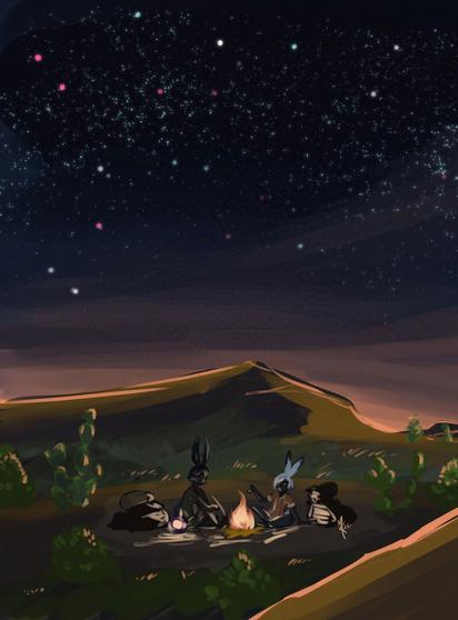 A sketch done with a softly blended digital brush of two viera, Xarann and Erenville, from ffxiv sitting in a clearing with a fire between them. The sky above is dotted with stars. It's a peaceful scene as the sun sets in the distance.