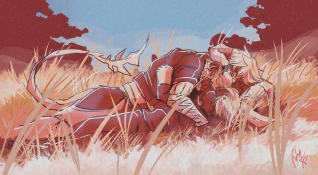 Xarann and Thomas laying in a field of wheat under a blue sky. Thomas is smiling softly and they each have their arms wrapped around each other. They're soft - it's peaceful.
Everything is rendered in a limited selection of pinks, yellows, oranges, and blues.