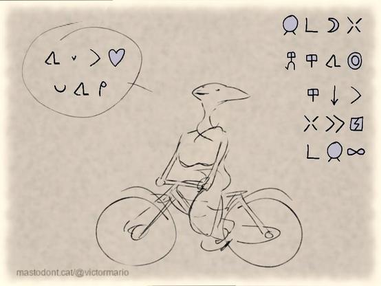 jan pi mun weka kepeken ilo tawa sike. ilo ni li weka e pakala pi jan ale. (persona d'un món llunyà amb bicicleta, aquest mitjà de transport que salvarà la humanitat, dient:) tawa lili li pilin pona tawa mi. (anar tranquil·let em fa estar bé)
