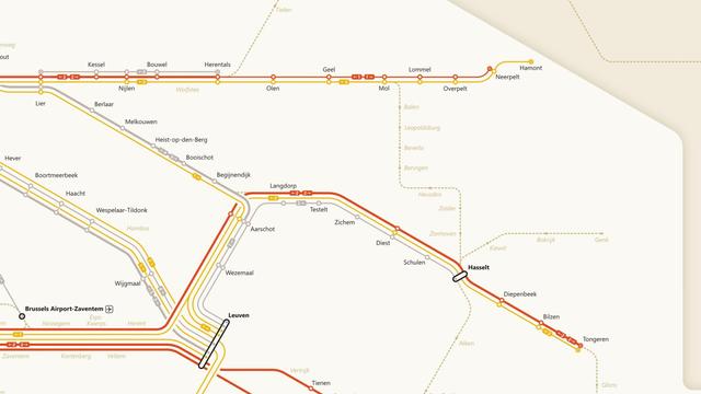 Part of the P-train map showing the lines around Leuven and Hasselt. The lines are coloured in red, yellow, grey and beige.