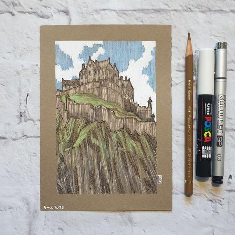 A small drawing of Edinburgh Castle, Scotland. The castle sits on a high rock formation, there is a blue and white sky background to the drawing. It is on buff coloured pastel paper.
Edinburgh Castle is a world famous Scottish icon and part of the Old and New Towns of Edinburgh's World Heritage Site. It stands on Castle Rock, which has been occupied by humans since at least the Iron Age.
An original art work
Colour pencil and mixed media on acid free toned artist paper
5 by 7 inches (12.7 by 17.8 cm).
Sold unframed