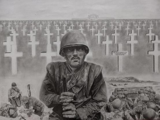 Tekening met op achtergrond kruizen, op voorgrond soldaat met 1000-yard stare, links onderin medics die een gewonde soldaat verzorgen en rechts een boot met soldaten onderweg tijdens dday onderweg naar een strand in Normandie.