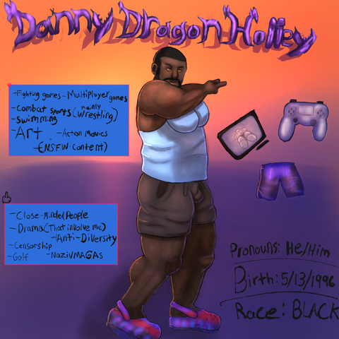 A drawing of me doing a rock sign, listing my likes, dislikes, and other info