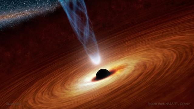 2025 May 4
An artistic illustration of a black hole is shown. The black spot in the center is the black hole, while the accretion disk of gas surrounding it is shown in orange. Stars and the darkness of space is shown near the top in the background. Please see the explanation for more detailed information.

Spin up of a Supermassive Black Hole
 * Illustration Credit: Robert Hurt, NASA/JPL-Caltech

Explanation: 
How fast can a black hole spin? If any object made of regular matter spins too fast -- it breaks apart. But a black hole might not be able to break apart -- and its maximum spin rate is really unknown. Theorists usually model rapidly rotating black holes with the Kerr solution to Einstein's General Theory of Relativity, which predicts several amazing and unusual things. Perhaps its most easily testable prediction, though, is that matter entering a maximally rotating black hole should be last seen orbiting at near the speed of light, as seen from far away. This prediction was tested by NASA's NuSTAR and ESA's XMM satellites by observing the supermassive black hole at the center of spiral galaxy NGC 1365. ...

Authors & editors: Robert Nemiroff (MTU) & Jerry Bonnell (UMCP)
NASA Official: Amber Straughn Specific rights apply.
NASA Web Privacy, Accessibility, Notices;
A service of: ASD at NASA / GSFC,
NASA Science Activation
& Michigan Tech. U.