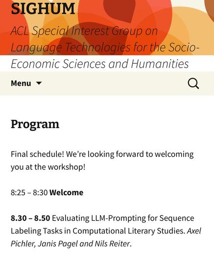 Screenshot of SIGHUM website with head of the workshop program