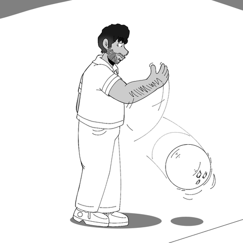 A man named Bobby is at a bowling alley and is up to bowl. With a tired expression, he walks up to the lane and weakly throws the ball at a downward angle.