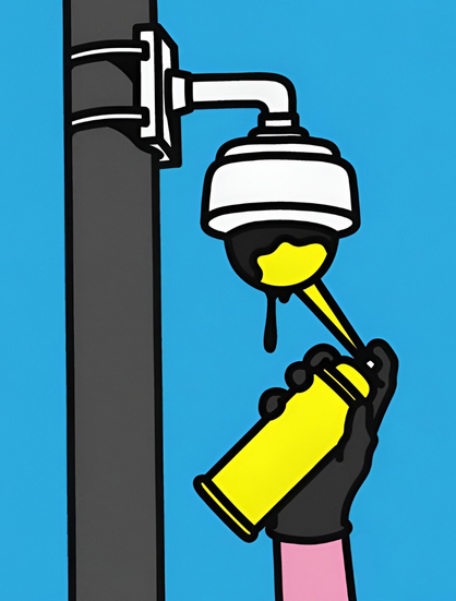 Painted picture.  A 360° surveillance camera on a lantern. Below it a hand with a gray glove pressing on a yellow spray bottle and spraying yellow paint on the camera. The background is light blue