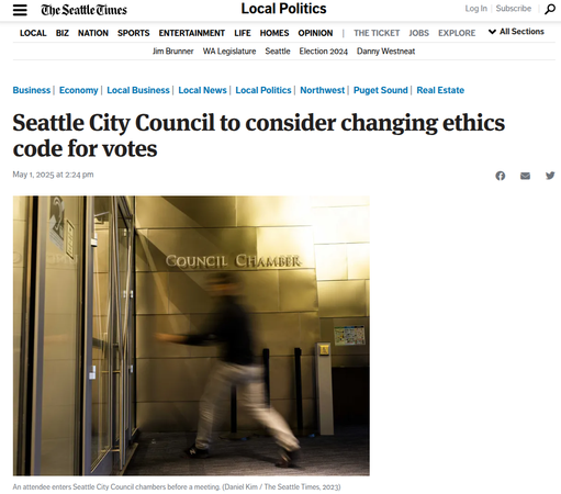 Seattle Times Headline "Seattle City Council to consider changing ethics code for votes"
