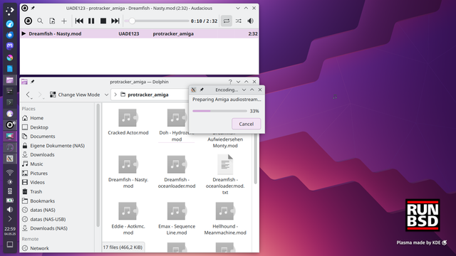 screenshot of Plasma6 Desktop:

Dolphin Filemanager showing some folder with Amiga Protracker files.
A little dialog with a progressbar while encoding an Amiga Audio to Flac
Audacious playing a FLAC that was converted earlier.