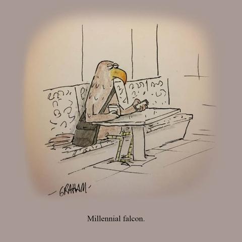 A cartoon illustration of a bored falcon sitting with a coffee and scrolling his phone. Caption reads "Millennial falcon."
