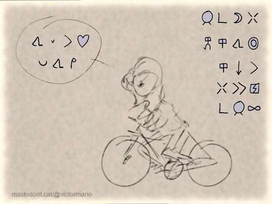 jan pi mun weka kepeken ilo tawa sike. ilo ni li weka e pakala pi jan ale. (persona d'un món llunyà amb bicicleta, aquest mitjà de transport que salvarà la humanitat, dient:) tawa lili li pilin pona tawa mi. (anar tranquil·let em fa estar bé)