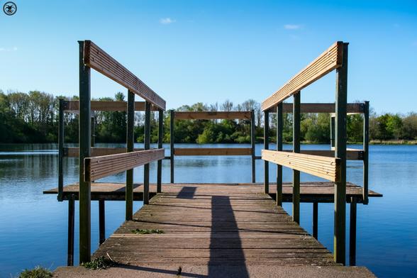 Wooden jetty looking out onto pond waters, with reflections in the water and blue sky above