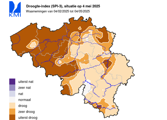 Map with the standardized precipitation index for Belgium. The entire western half of the country is dark brown, indicating the driest possible level of the index. There's one small patch of ligher browns cluse to the border between the regions of  West and East Flanders. In the eastern half and the south there's a few patches dark brown, but most is a light brown indicating "dry". The used scale goes from "extremely wet" over "very wet", "wet", "normal", "dry", "very dry" to "extremely dry". It is the situation on may 4th, based on observations between february 4th and may 4th.