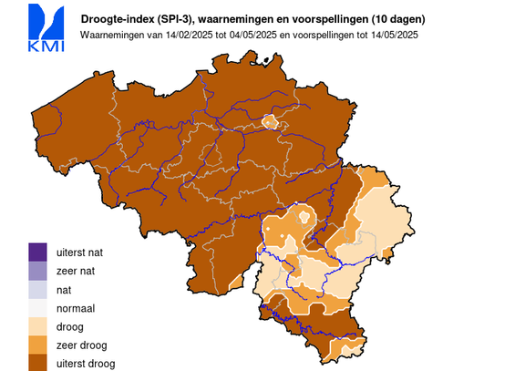 The map with the standardized precipitation index for Belgium for the next 10 days. Here almost the entire country is colored dark brown, indicating "extremely dry". Only in the southern part there's a sliver of light brown indicating just "dry", and that's on the highest region of Belgium. The very south is again "extremely dry".