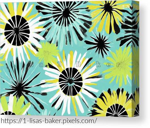 Brightly colored flowers with bold black centers are scattered across a turquoise background. The petals are painted in white, yellow, and green, creating a lively and vibrant design. Whimsical art by Lisa S Baker.