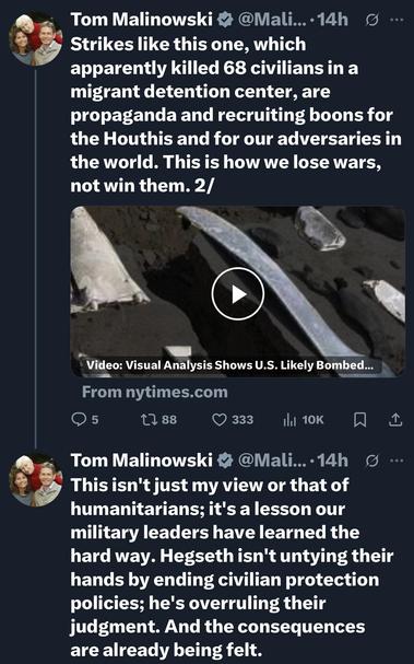 A Twitter post discussing the consequences of military strikes on civilian targets, specifically mentioning an incident that reportedly killed 68 civilians in a migrant detention center. The tweet includes a link to a video analysis from the New York Times.