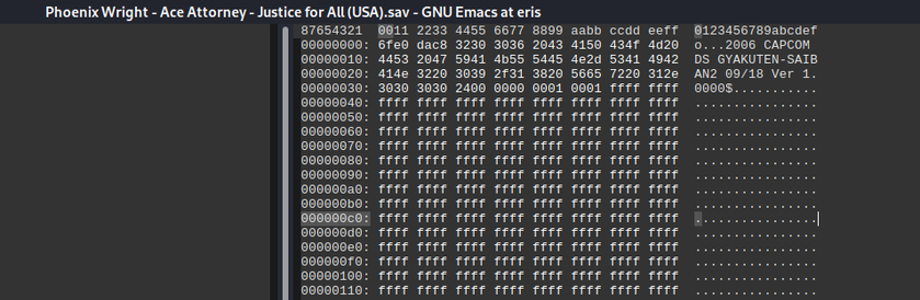 Screenshot of bytes in our savefile