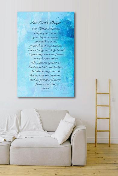 The Lord's Prayer on Blue Watercolor by Sharon Cummings.