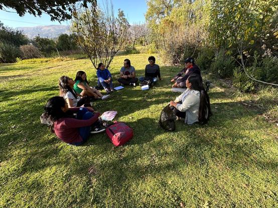 A group of people sitting in a circle on a grassy field under the shade of trees, engaged in conversation during a sunny day. The setting is relaxed and outdoors, with mountains visible in the background. This gathering took place in Cochabamba, Bolivia, celebrating over 300,000 installs of the original Trufi App.