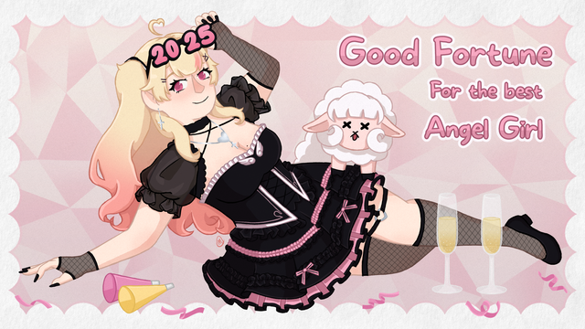 A fullbody illustration of a girl in a black/pink lolita style dress and blonde/pink hair. She is laying on the floor with some various party supplies, a small sheep, and adorned with 2025 glasses. Text on the image says "Good Fortune for the best Angel Girl"