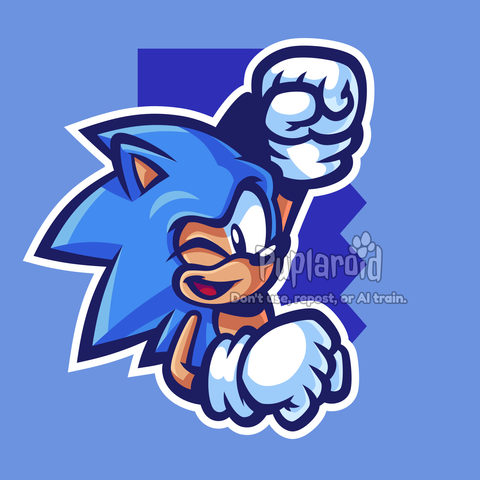 Digital vector halfbody drawing of Classic Sonic from the Sonic the Hedgehog series. His appearance is based off from his Sega Genesis/Megadrive design. He is smiling while winking at the viewer, cheerfully closing his fist in the air. Behind him, there's a abstract Sonic-styled blue rectangle, in the center of a light blue background.