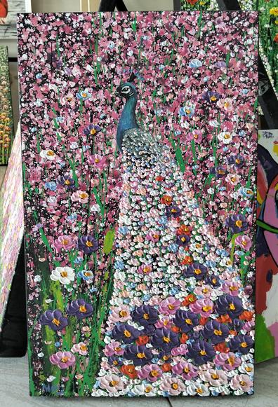a painting of a peacock,  its  tail in the foreground, lots of flowers and color on it, the background full of flowers too