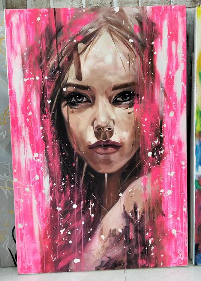 a painting of a young woman looking at the viewer, streaks of neon pink and white raining down