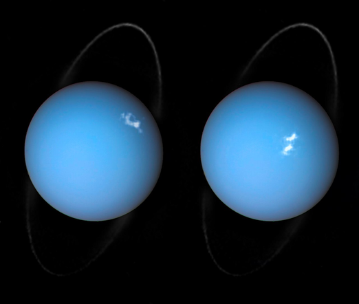 Composite image of the planet Uranus. Two side by side images of the hazy blue planet are shown. The rings are visible as is a large aurora. In the left image the aurora is in the top right quadrant of the planet, while it is more central in the second image.