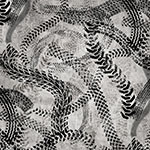 Tyre tracks in black wind across a light grey background.