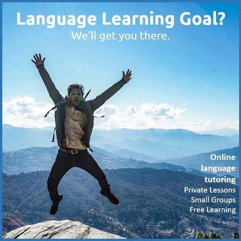 Affordable, effective, and enjoyable online language tutoring, one-on-one lessons, small group classes, and free self study materials. Image of a man jumping on a mountaintop.