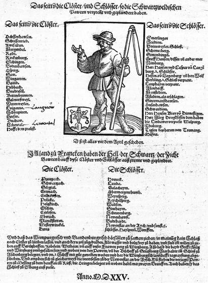 Auf einem zeitgenössischen Flugblatt wird das Kloster Bronnbach ("Prunpach") unter den Klöstern in Franken aufgeführt, die Zerstörungen oder Plünderungen der Bauern zum Opfer fielen. Vorlage: Staatliche Graphische Sammlung München Nr. 159 327.