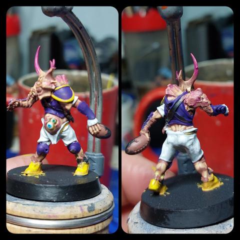 Rotter with purple and white uniform with yellow details, partially painted. He's got two elf arms and a plaguebearer head with as many horns as it has eyes. Speaking of eyes, two giant boils on his gut are painted as eyes. Different colours ofc.