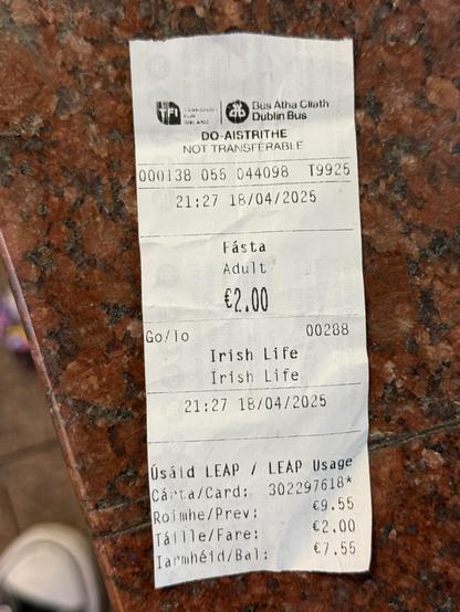 The Irish get everywhere. Sat on a park bench in Shanghai and there was a Dublin Bus ticket on the floor next to me!
