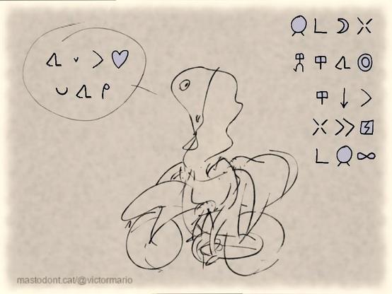 jan pi mun weka kepeken ilo tawa sike. ilo ni li weka e pakala pi jan ale. (persona d'un món llunyà amb bicicleta, aquest mitjà de transport que salvarà la humanitat, dient:) tawa lili li pilin pona tawa mi. (anar tranquil·let em fa estar bé)