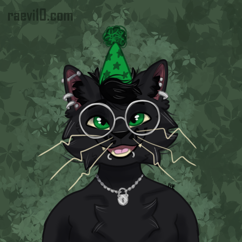 an anthro black cat with green eyes, silver round glasses, and crooked whiskers smiling with a green party hat on their head