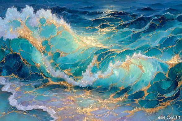 A luminous digital painting that captures the rolling power of the sea in a palette of sun‑kissed teals and deep sapphire blues.

Fluid ribbons of shimmering gold course through each translucent wave, creating a sense of movement and opulence reminiscent of marbled resin art.

Created in a contemporary abstract style, this artwork celebrates the harmony of water and light, making it a striking statement piece for modern coastal, spa, or luxury interiors.