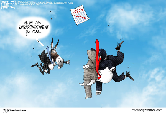 cartoon showing Dem donkey and MAGA elephant free falling, with a chart showing poll of declining popularity with the donkey saying to the elephant "What an embarrassment for you."