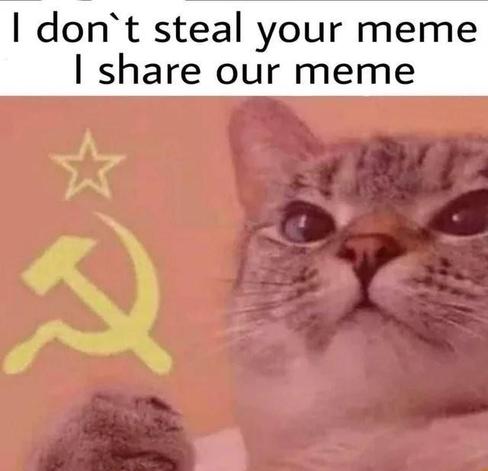 cat with hammer and sickle and the label:

I don't steal your meme 

I share our meme