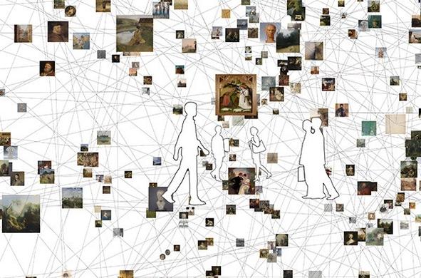 An abstract composition featuring silhouettes of people walking amidst a web of small images of artwork. The background is filled with interconnected lines and various art pieces, creating a dynamic visual representation of exploration and connection through art.