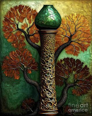 A tall, ornate pillar with intricate gold designs stands prominently against a backdrop of swirling trees with autumnal leaves.