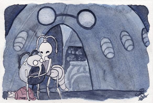 Watercolour painting of Cornifer and Iselda from Hollow Knight outside their map shop. Cornifer is a spherical little bug guy with a long nose and little round glasses. His wife, Iselda, is tall with a long thin torso and is giving him a big hug. He has dropped his rucksack on the ground, because he needs both arms for big hugs. They love each other very much.