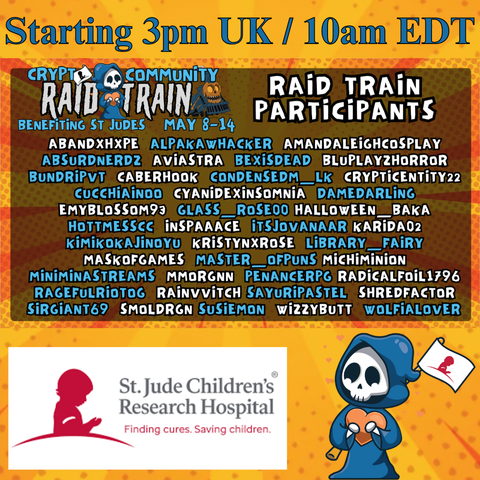 Orange background with blue and white text read "Starting 3pm UK / 10am EDT. Below is a list of participants, who can be found at https://bsky.app/starter-pack/did:plc:xqsn7youv5fh74y2nztmyze6/3lm5nhpd7st2o
Underneath is the logo for St Jude's Childrens Research Hospital and a logo for The Crypt Community stream team.