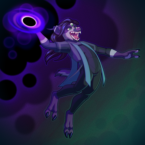 A vector illustration of an anthro hyena-like character. They wear an avant-garde black and green outfit and leap in the air, ready to spike a ball of purple energy with a black hole at its center. Unlike a typical hyena, they have three eyes, black and purple fur, and only two digits on each of their hands and feet. They grin menacingly, showing their sharp teeth.