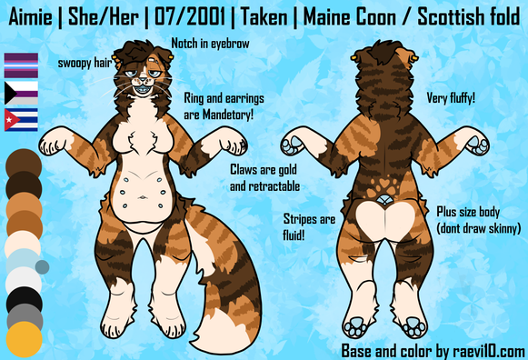 a ref sheet for an anthro calico maine coon / scottish fold cat, the base fur color is brown with darker brown stripes, theres orange spots with darker orange stripes, then cream belly, socks, and muzzle, she has blue eyes nose and pawpads
