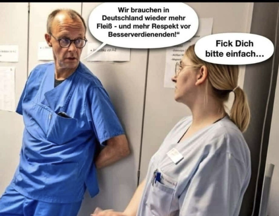 Das – nicht ganz neue -Foto zeigt zwei Personen, die sich in Pfleger-Kleidung an eine Wand lehnen. Es entstand wohl bei einem früheren Informations-Besuch von Merz in einem Krankenhaus.

Einer ist Friedrich Merz, der sagt 
   „Wir brauchen in Deutschland wieder mehr Fleiß
       - 
    und mehr Respekt vor den Besserverdienenden“

Daneben steht eine Krankenschwester und antwortet ihm:

   „Fick Dich einfach ...“
