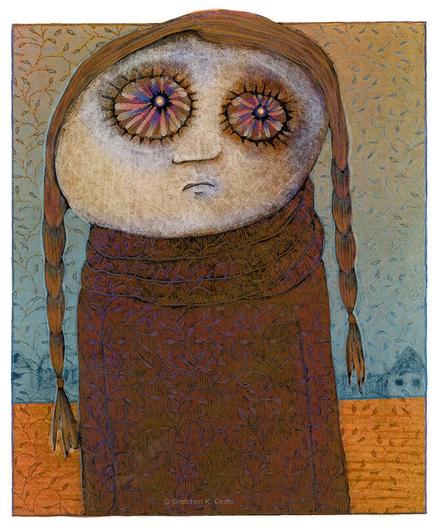 A line drawing of a strange-looking young girl. Dressed in somber umber, with purple vine patterns, she stands staring out at the view with multicolored pinwheel eyes, appearing rather desperate and lonely. Her skimpy braided hair hangs limply on either side of her forlorn face. NOTE: This description created especially for my lovely blind friend, Georgiana. :-)
