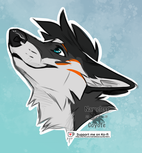 Headshot doodle of a wolf character looking up