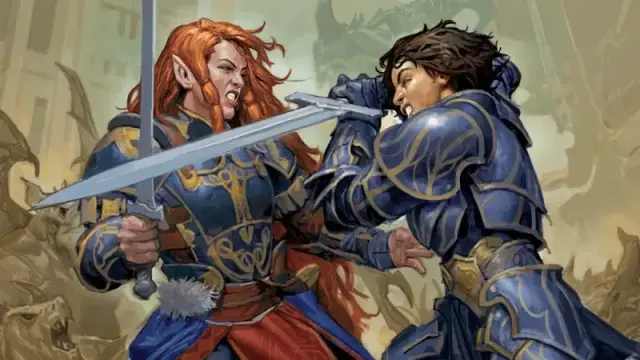 Official DnD artwork, featuring two female fighters in armor locking sword blades on a battlefield.