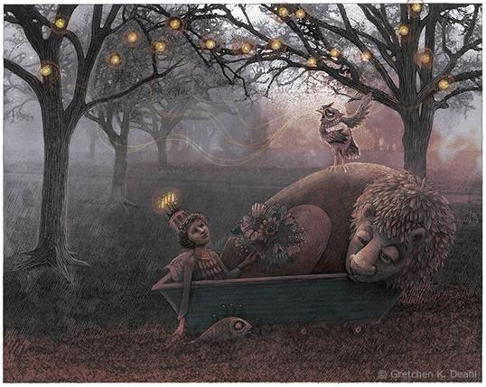 Twilight Serenade
Deep within a forest of dimming purple and orange, a tiny boat moves quietly through the leaf-strewn grass. In this tightly packed boat, an owl perches atop a dozing lion and gently croons to his captive audience. A young man watches, mesmerized by the tune. He wears a crown of burning candles and holds a bouquet of flowers. Alongside, swims a curious fish. Above, fireflies dance. NOTE: This description created especially for my lovely blind friend, Georgiana. :-)