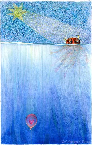 On a watercolor background of blue, two thirds of which is water with pale vertical stripes and the top one third a highly textured sky with yellow sun. Frantically treading water at the surface, an orange sullen creature with yellow horns peeks above. At the very bottom of the picture, deep within the water and tied with a string, a pinkish balloon gently floats. Inside it is a red heart. NOTE: This description created especially for my lovely blind friend, Georgiana. :-)